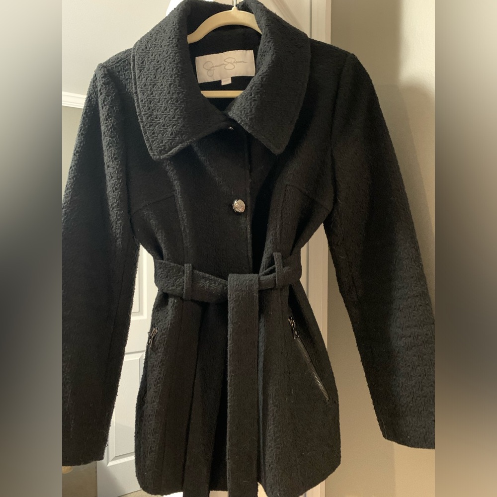 Jessica Simpson Button Down Front Tie Coat With 2 Zippered Pockets,Black, Small